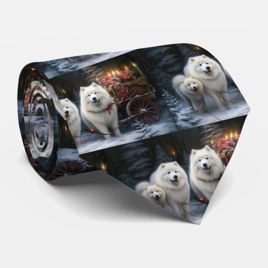 Samoyed Snowy Sleigh Weihnachtsdekor Krawatte (Gerollt)