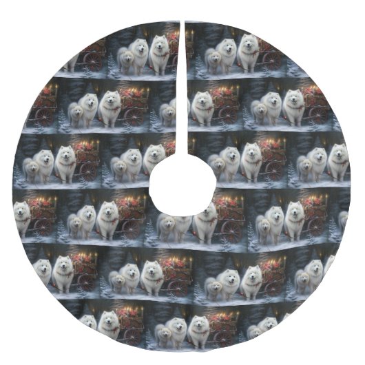 Samoyed Snowy Sleigh Weihnachtsdekor Polyester Weihnachtsbaumdecke (Vorderseite)