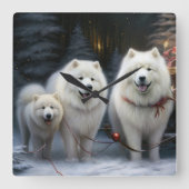 Samoyed Snowy Sleigh Weihnachtsdekor Quadratische Wanduhr (Vorderseite)