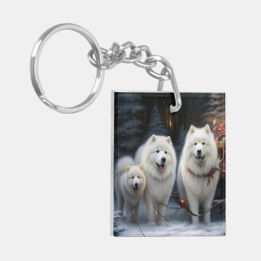 Samoyed Snowy Sleigh Weihnachtsdekor Schlüsselanhänger (Vorderseite links)
