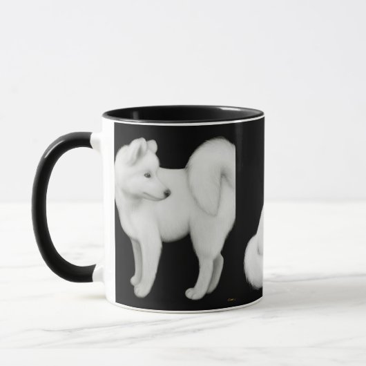 Samoyed verfolgt Wecker-Tasse Tasse (Links)