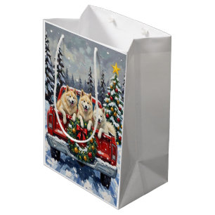 Samoyed Weihnachten Rotes Lastwagen Ferien Mittlere Geschenktüte