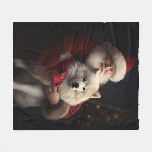 Samoyed with Santa Claus festliche Weihnachten Fleecedecke (Vorderseite (Horizontal))