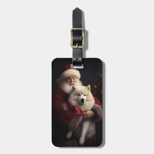 Samoyed with Santa Claus festliche Weihnachten Gepäckanhänger (Vorderseite vertikal)