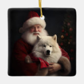 Samoyed with Santa Claus festliche Weihnachten Keramikornament (Vorderseite)