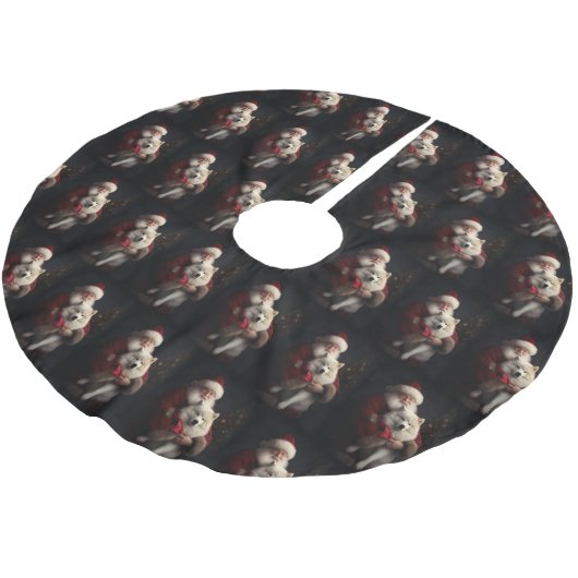 Samoyed with Santa Claus festliche Weihnachten Polyester Weihnachtsbaumdecke (Schrägansicht)