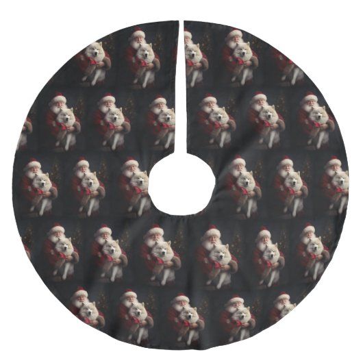 Samoyed with Santa Claus festliche Weihnachten Polyester Weihnachtsbaumdecke (Vorderseite)