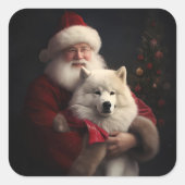 Samoyed with Santa Claus festliche Weihnachten Quadratischer Aufkleber (Vorderseite)
