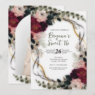 Samtene Pflaumen-Garten-Blumengrün Sweet 16 Einladung