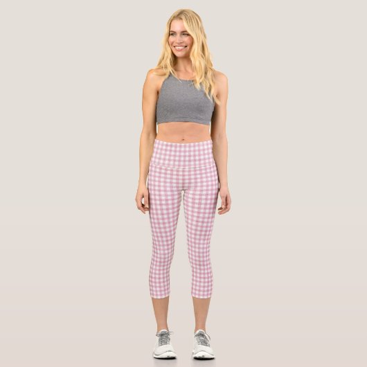 Samtiges Rosa-Weiß-Gingham-Charm Capri Leggings (Vorderseite)