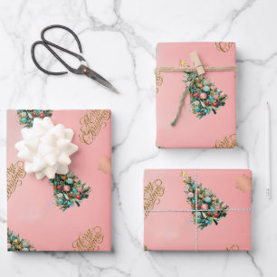 Samtrosaroter Weihnachtsbaum  Geschenkpapier Set