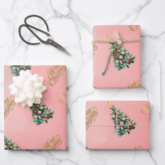Samtrosaroter Weihnachtsbaum  Geschenkpapier Set (Vorderseite)