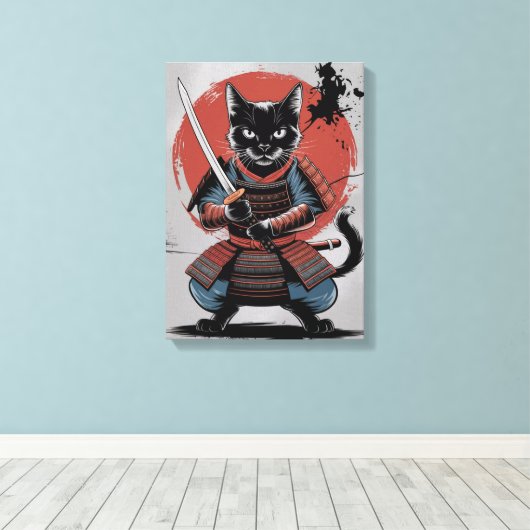 Samurai Armor Warrior Katzenposter, Black Cat Wall Leinwanddruck (Insitu (Holzboden))