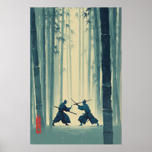 Samurai-Bambusdruck japanische Naturkunst (Blau Poster
