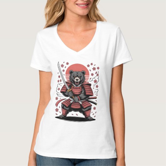 Samurai-Bär Damen V-Ausschnitt T-Shirt (Vorderseite)