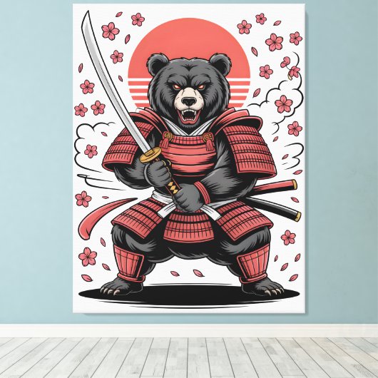 Samurai Bear Stretched Canvas Print Leinwanddruck (Insitu (Holzboden))