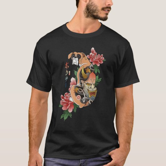 Samurai Boxer Dog Ukiyo E Blume Japanischer Kriege T-Shirt (Vorderseite)