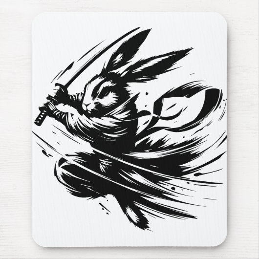 Samurai Bunny Black Ink Warrior Rabbit Mousepad (Vorne)