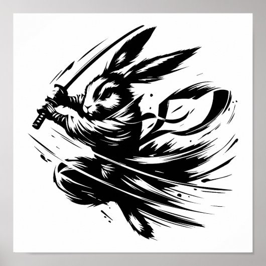 Samurai Bunny Black Ink Warrior Rabbit Poster (Vorne)
