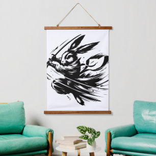 Samurai Bunny Black Ink Warrior Rabbit Wandteppich Mit Holzrahmen
