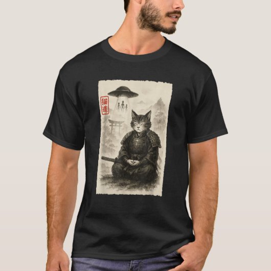 Samurai Cat Alien UFO Funny Invasion Meme Sumi e J T-Shirt (Vorderseite)