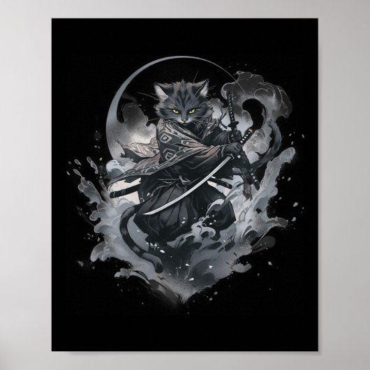 Samurai Cat Anime Japanisch Ninja Warrior Ästhetik Poster (Vorne)