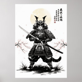 Samurai Cat Art Print with Katana Sword Japanese Poster