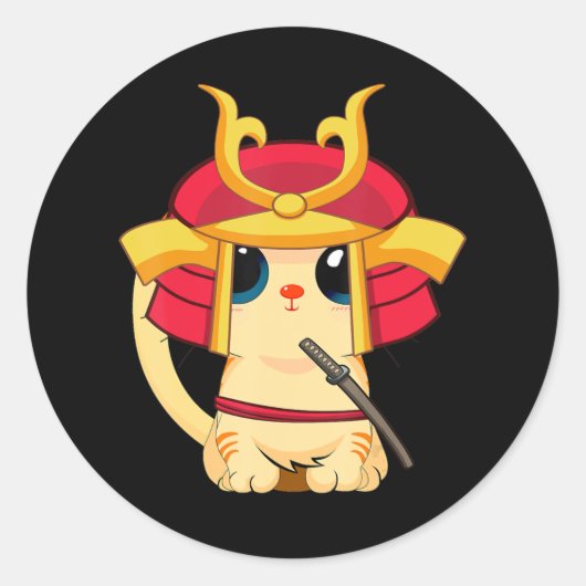 Samurai Cat Cute Japanese Anime Cosplay Halloween Runder Aufkleber (Vorderseite)