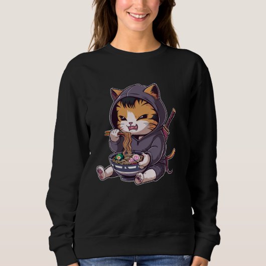 Samurai Cat Eating Ramen Kawaii Ninja Japanese Ani Sweatshirt (Vorderseite)