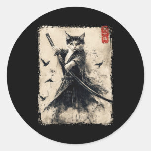 Samurai Cat Graphic T-Shirt Warrior Vintag Japanis Runder Aufkleber