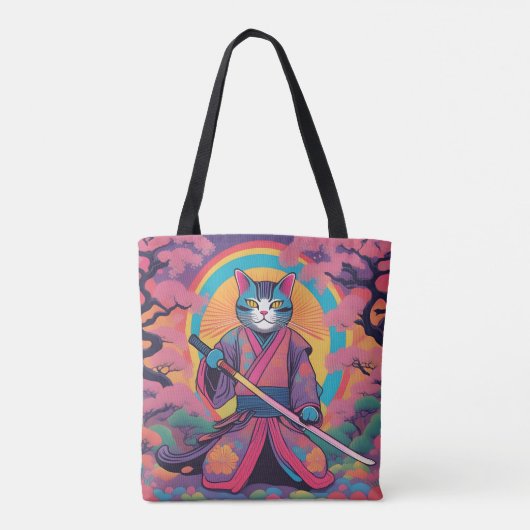 Samurai Cat Holing a Katana Design Tasche (Rückseite)