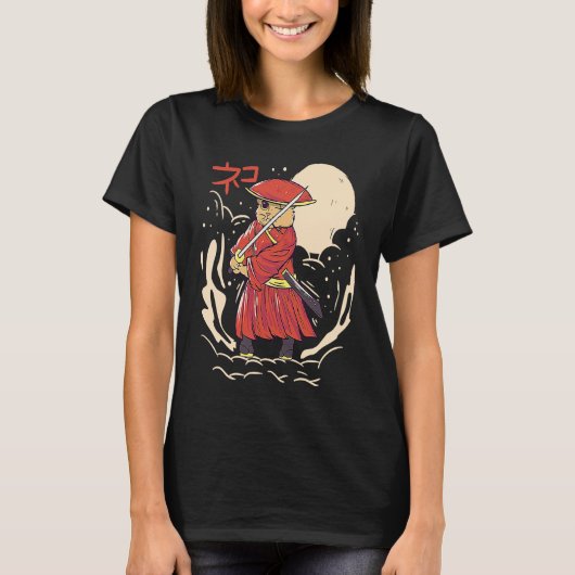 Samurai Cat Illustration Japanese Cute Graphic T-Shirt (Vorderseite)