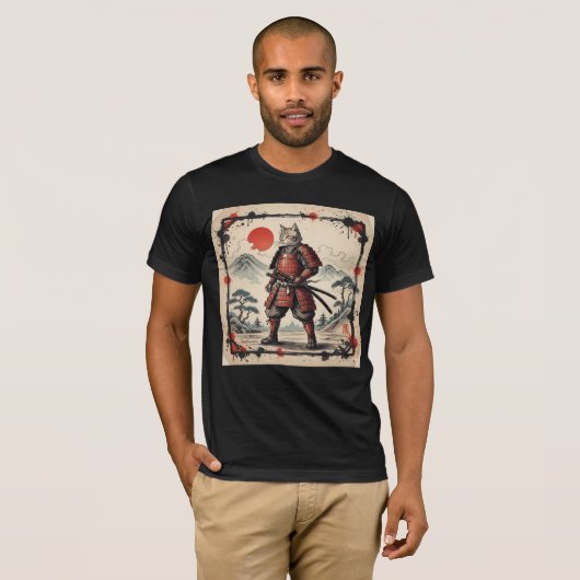 Samurai Cat Illustration T-Shirt | Japanese Sunset (Vorne ganz)