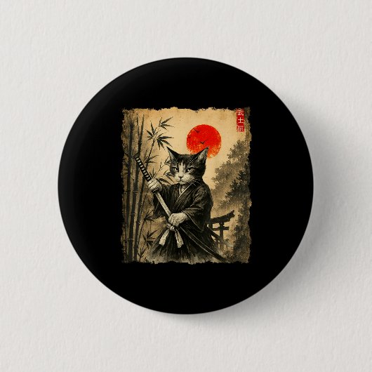 Samurai Cat Japanese Art Men Boys Funny Graphic Te Button (Vorderseite)