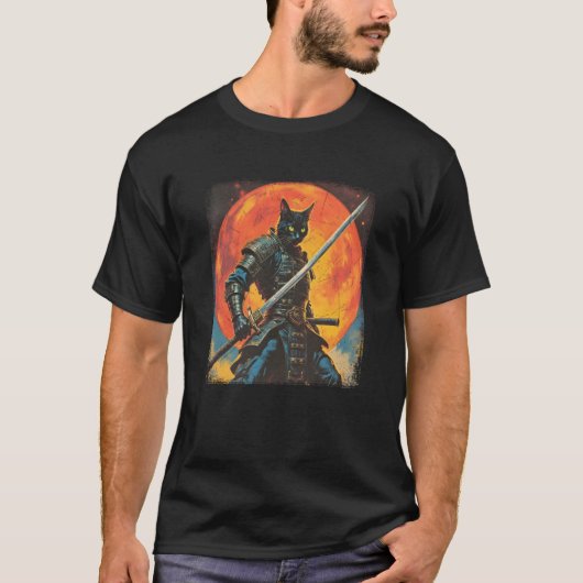 Samurai Cat Japanese Sumi e Art Kawaii Funny Novel T-Shirt (Vorderseite)