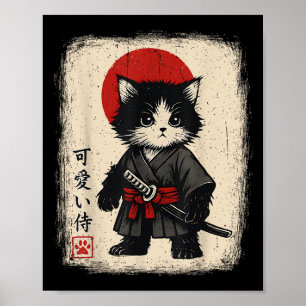 Samurai Cat Japanisch Vintag Kawaii Funny Cats Poster