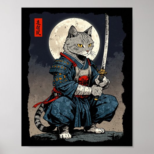 Samurai Cat Japanischer Retro-Kämpfer Cat Moon Uki Poster (Vorne)