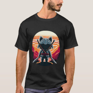 Samurai Cat Katanas beobachten Sonnenuntergang und T-Shirt