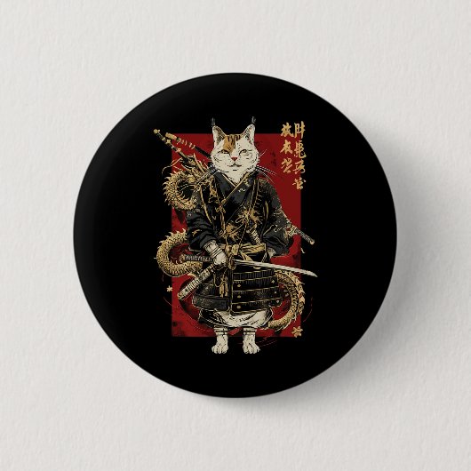 Samurai Cat mit Dragon japanisches Kanji Button (Vorderseite)