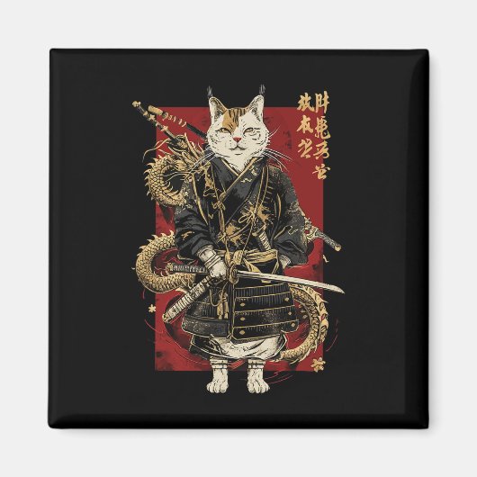 Samurai Cat mit Dragon japanisches Kanji Magnet (Vorne)