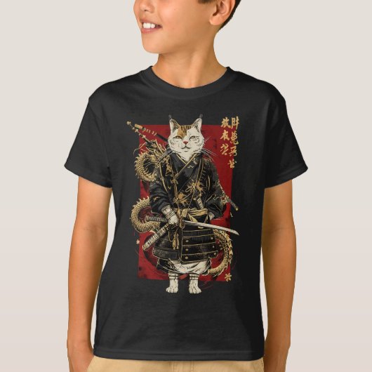 Samurai Cat mit Dragon japanisches Kanji T-Shirt (Vorderseite)