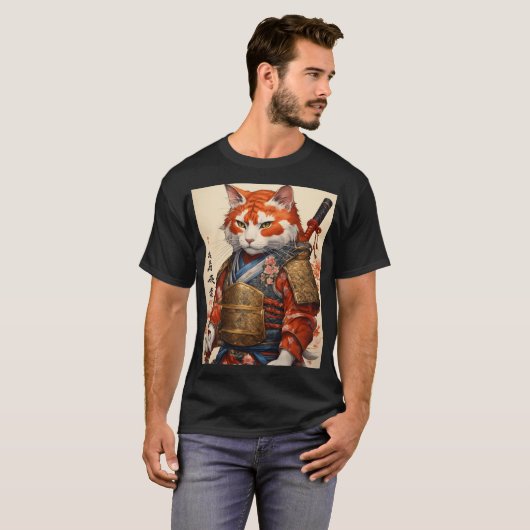Samurai Cat mit Koi Armor T - Shirt Design (Vorne ganz)