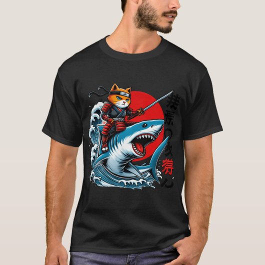 Samurai Cat Ninja Japanese Art Cat Shark Kanagawa  T-Shirt (Vorderseite)
