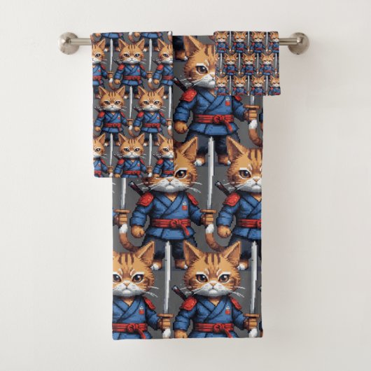Samurai Cat Pixel Art Badhandtuch Set (Insitu)