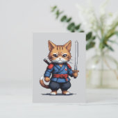 Samurai Cat Pixel Art Postkarte (Stehend Vorderseite)