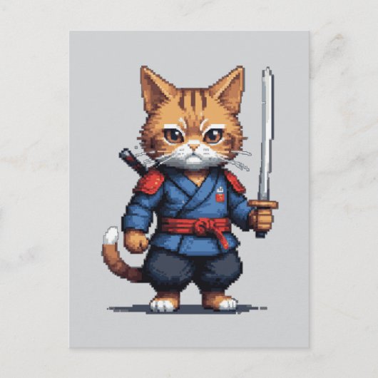 Samurai Cat Pixel Art Postkarte (Vorderseite)