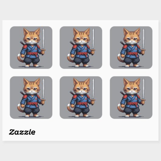 Samurai Cat Pixel Art Quadratischer Aufkleber (Blatt)