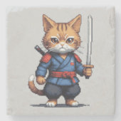Samurai Cat Pixel Art Steinuntersetzer (Vorderseite)