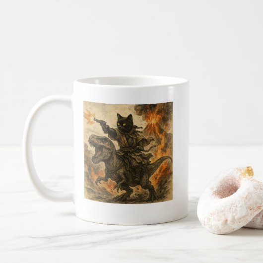 Samurai Cat Riding Dinosaurier in Vulkanausbruch Kaffeetasse (Mit Donut)