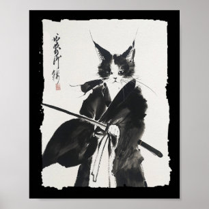 Samurai Cat T-Shirt Vintag Ukiyo-e Warrior Art Gra Poster